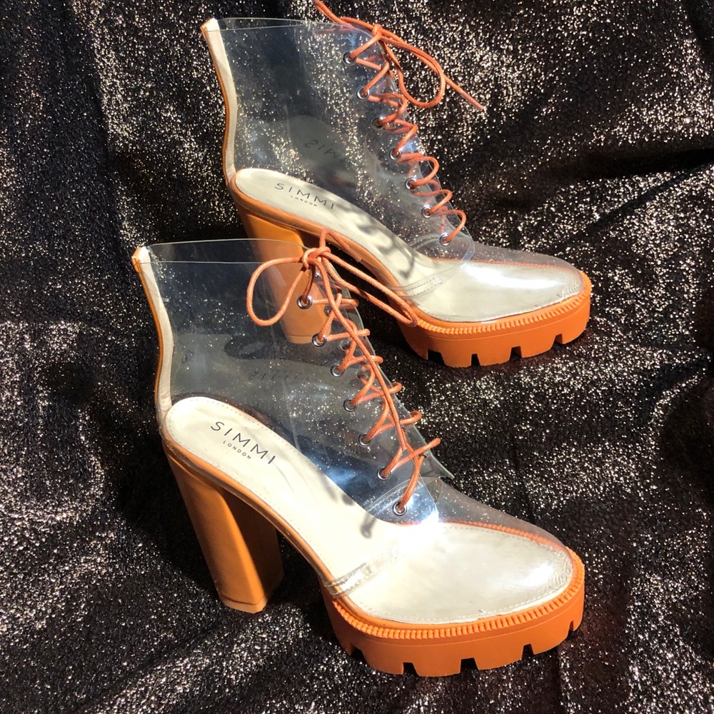 Simmi London Clear Orange Lace up Chucky Heels Platform Ankle Boots